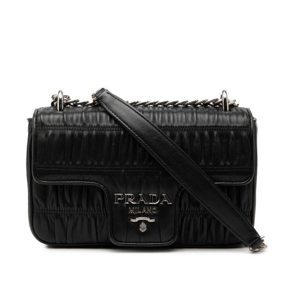 Prada Nappa Gaufre Gathered Chain Shoulder Bag Black